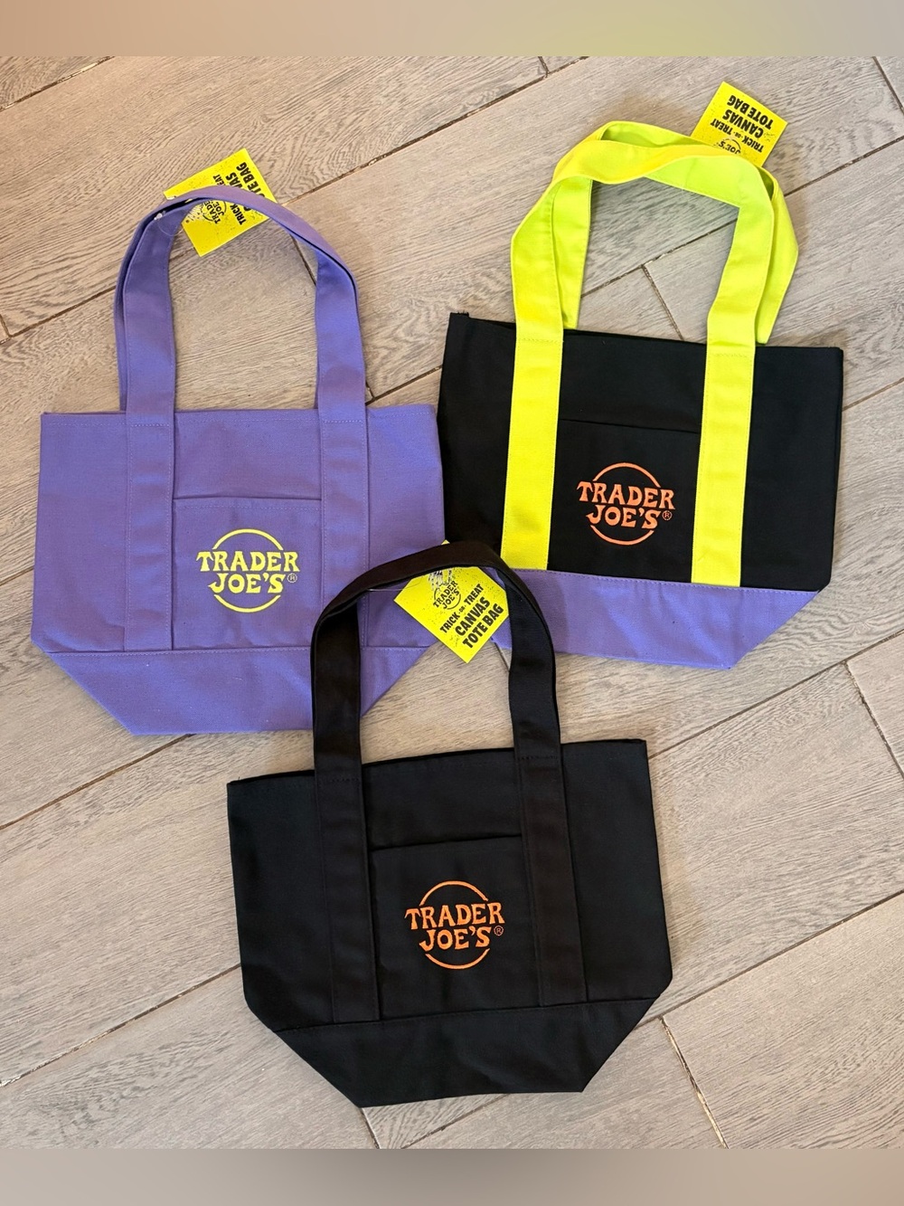 Trader Joe's Mini Canvas Halloween Tote Bags - Set of 3 - purple, black, multi